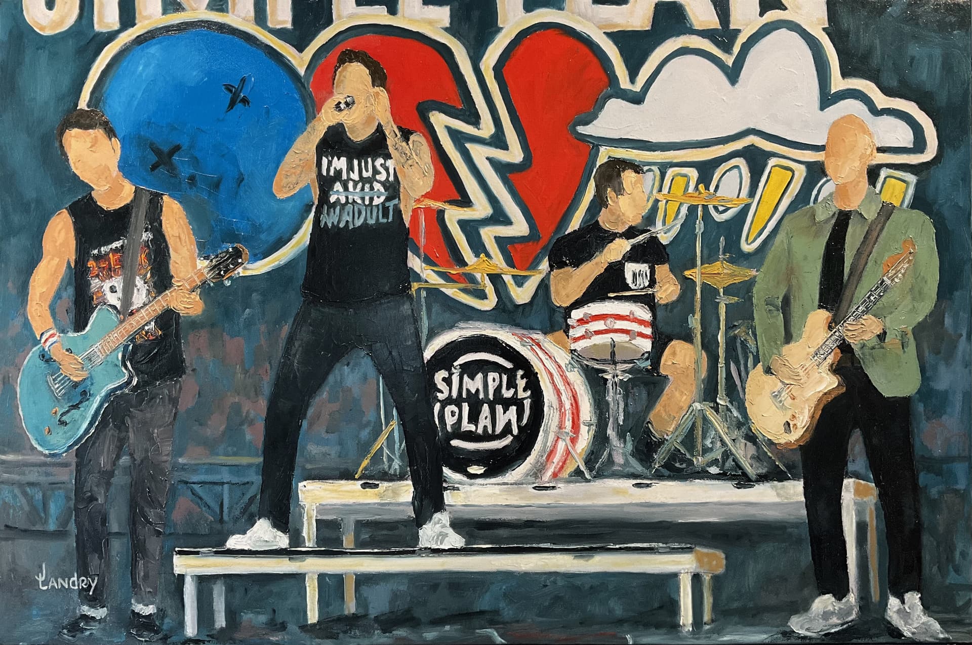 Groupe punk rock sur scène devant un décor bleu, rouge et blanc, chanteur au micro sur une passerelle.