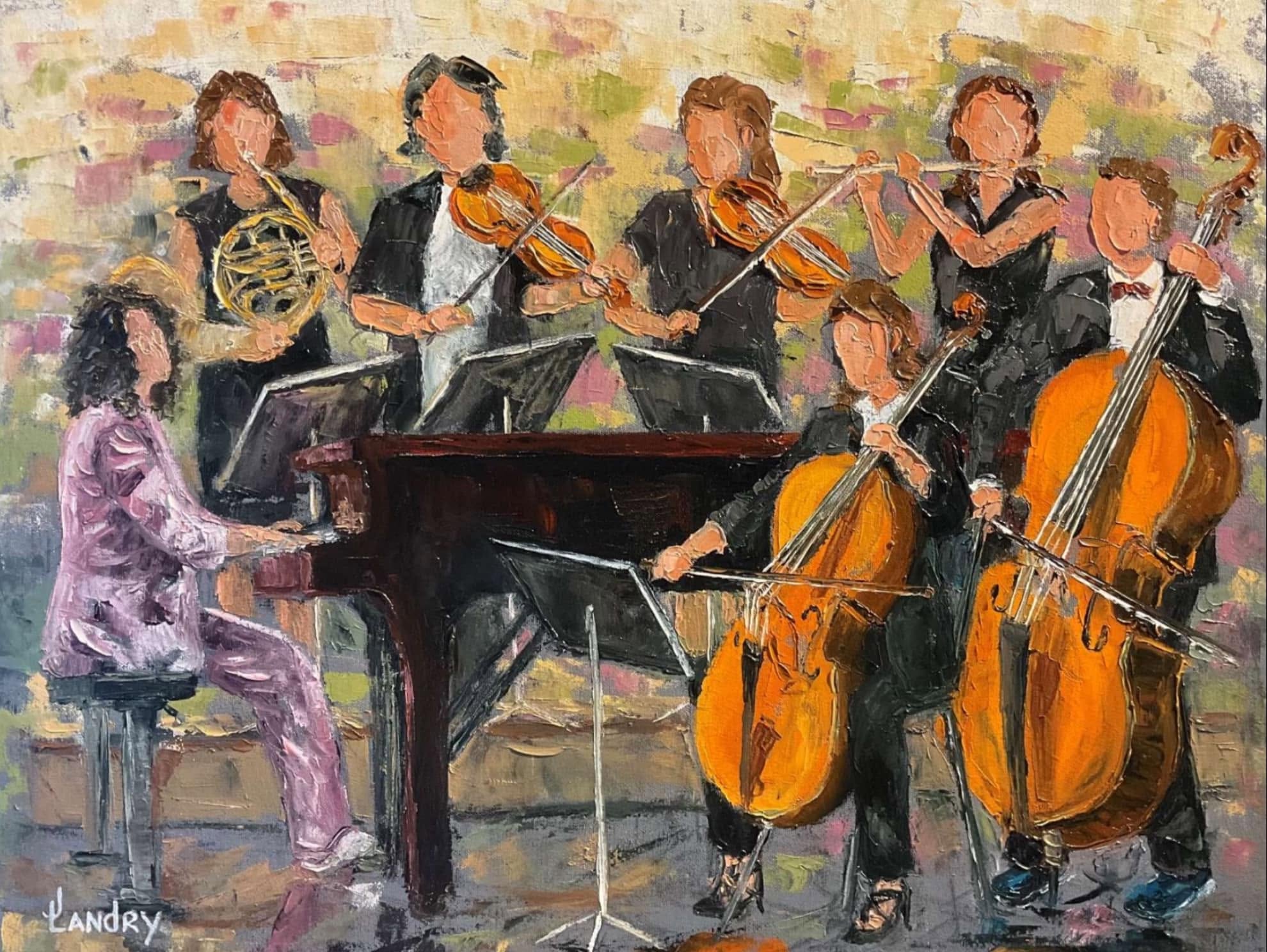 Orchestre de chambre avec pianiste, violoncellistes, violonistes et musiciens à vent, peint à la spatule dans des tons chauds.