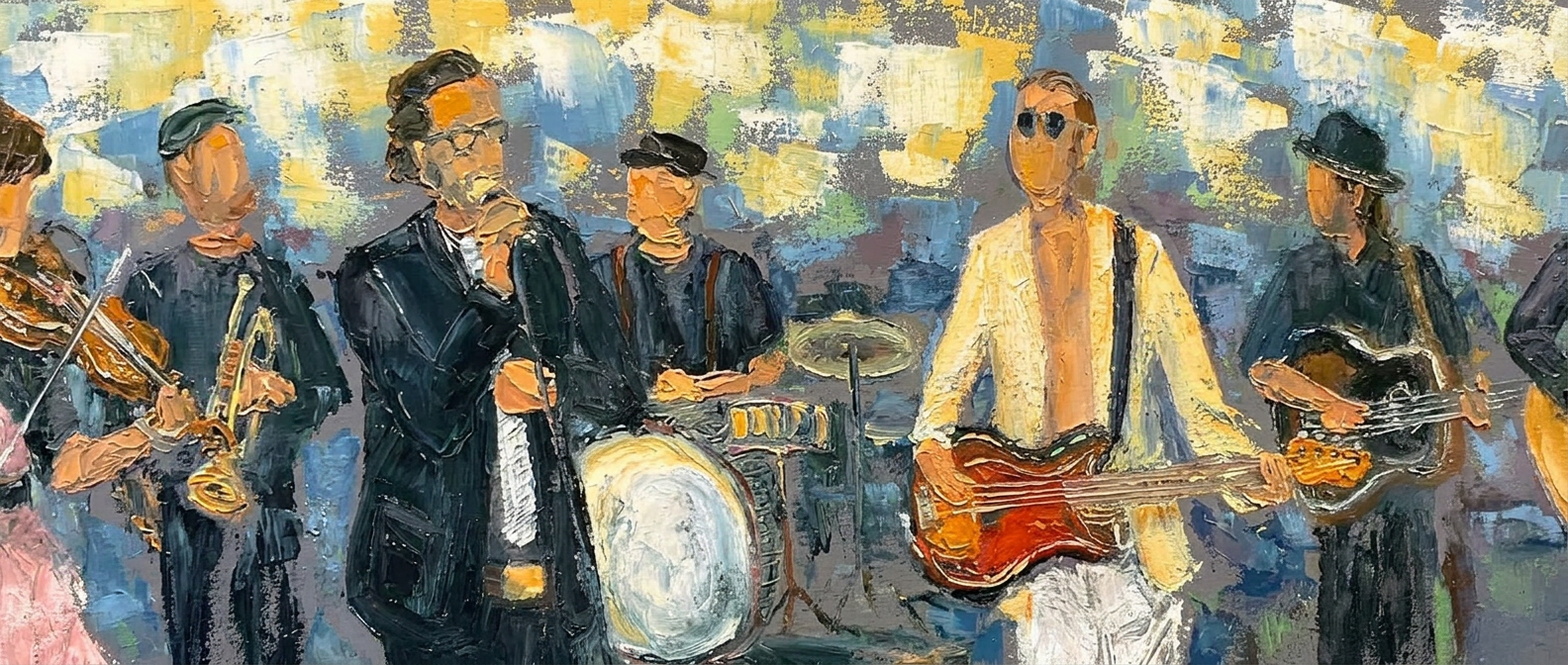 Sept musiciens alignés sur fond gris et bleu, violon, saxophone, contrebasse et guitares, silhouettes traitées à la spatule.